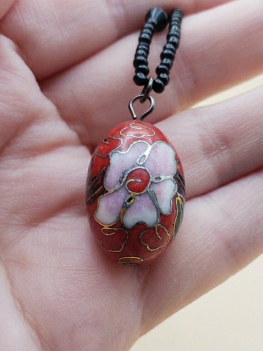 Long Red Cloissone Egg Beaded Necklace